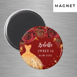 Sweet 16 red gold glitter dress name magnet<br><div class="desc">For a Sweet 16,  16th birthday party.  A red background with faux gold glitter,  a dress and red roses,  florals.  The name is written with a modern hand lettered style script.  Personalise and add a name and date.</div>