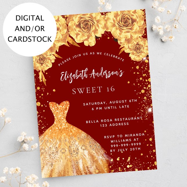 Sweet 16 red gold glitter dress roses invitation (Creator Uploaded)