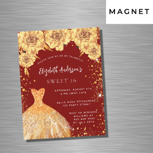 Sweet 16 red gold glitter dress roses luxury magnetic invitation