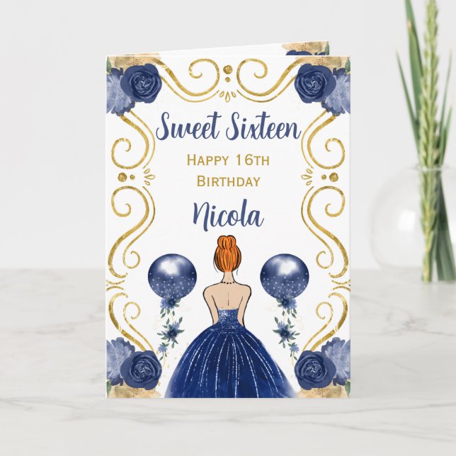 Sweet 16 Red Hair Princess Navy Happy Birthday Card (Front)