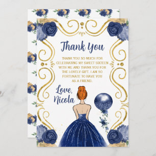 Sweet 16 Red Hair Princess Navy Thank You Card
