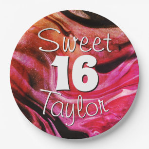 Sweet 16 Red & Orange Marble Personalized Paper Plate