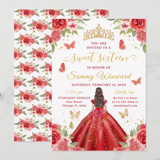 Sweet 16 Red Princess Brunette Girl Invitation (Front/Back)