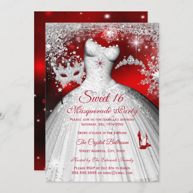 Sweet 16 Red Princess Masquerade Silver Party Invitation (Front/Back)
