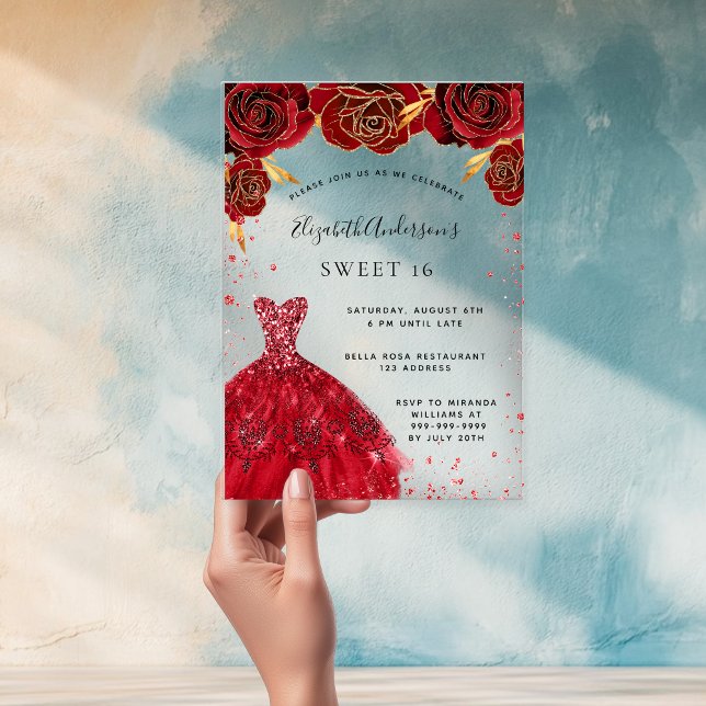 Sweet 16 red roses dress glitter clear acrylic invitations (Creator Uploaded)