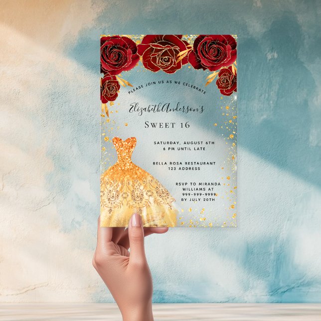 Sweet 16 red roses gold dress glitter clear acrylic invitations (Creator Uploaded)