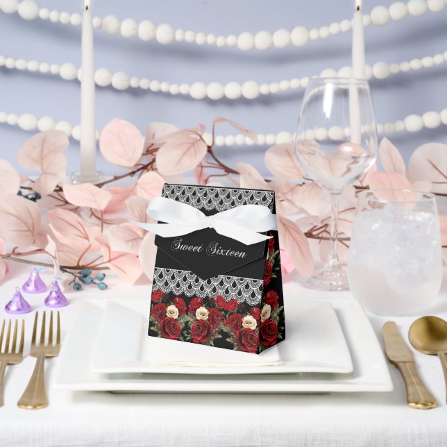  Sweet 16 Red Roses White Lace Sparkle Favour Box (Wedding)
