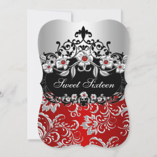 Sweet 16 Red Silver Black Floral Jewel Party Invitation