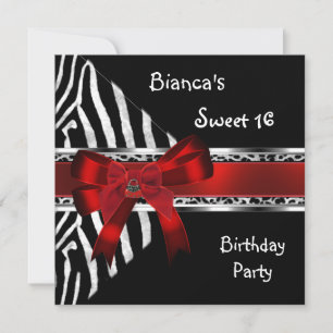 Sweet 16 Red Silver Black Zebra Leopard Birthday Invitation