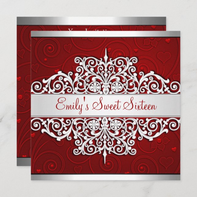 Sweet 16 Red Silver Floral Love Birthday Party Invitation (Front/Back)