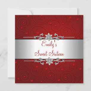 Sweet 16 Red Silver Floral Love Birthday Party Invitation