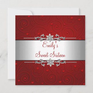 Sweet 16 Red Silver Floral Love Birthday Party Invitation