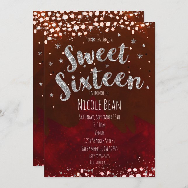 Sweet 16 Red & Silver Starry Night Invitations (Front/Back)