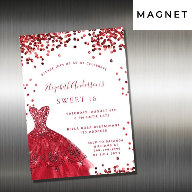 Sweet 16 red white dress luxury magnetic invitation (Creator Uploaded)