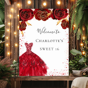 Sweet 16 red white glitter dress floral welcome poster