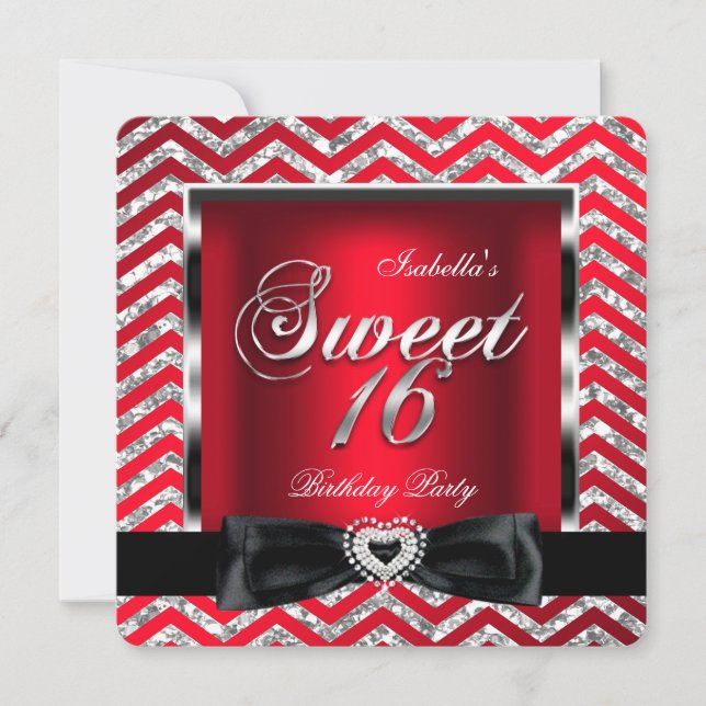 Sweet 16 Regal Red Chevron Stripe Silver Black Invitation (Front)