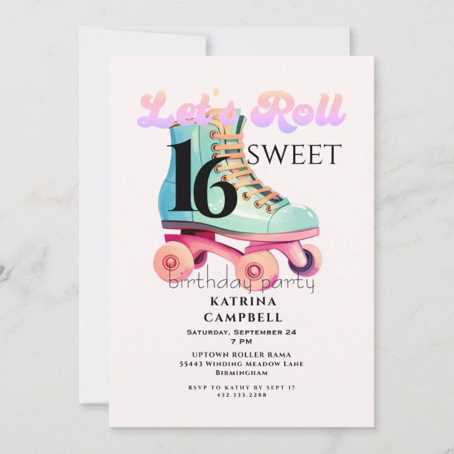 Sweet 16 Roller Skating Birthday Party Invitation (Front)