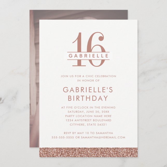 Sweet 16 Rose Blush Pink Glitter Photo Birthday Invitation (Front/Back)
