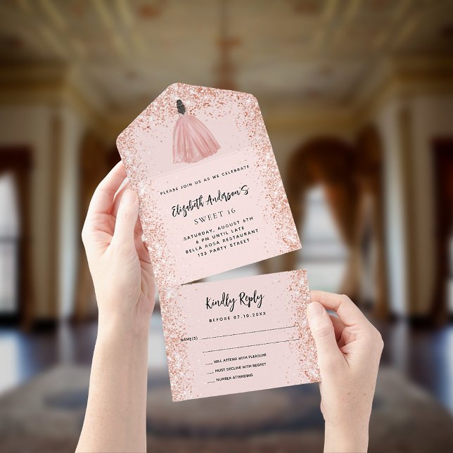 Sweet 16 rose gold blush dress party RSVP All In One Invitation (Creator Uploaded)