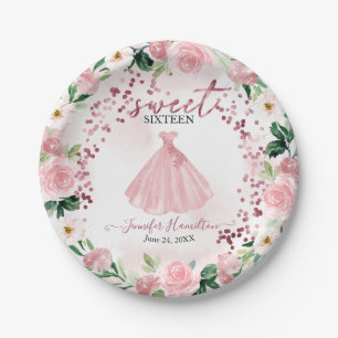 Sweet 16 Rose Gold Blush Floral Dress Paper Plate