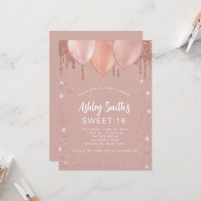 Sweet 16 Rose Gold Blush Glitter Balloons Invitation (Front/Back In Situ)