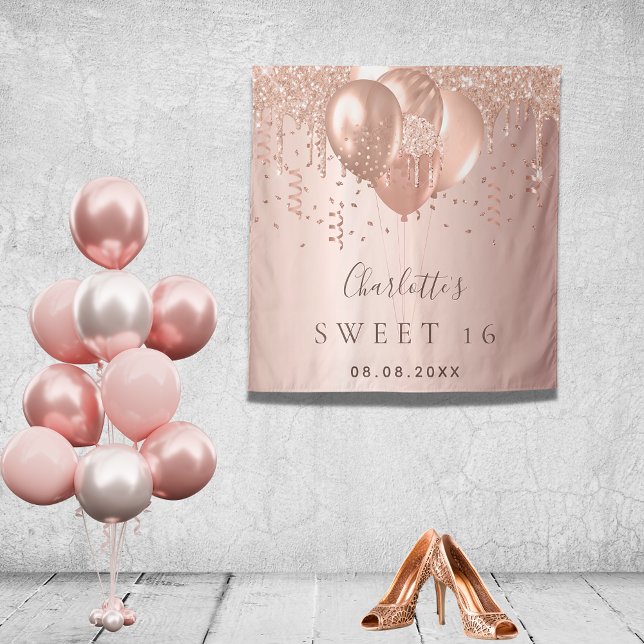 Sweet 16 rose gold blush glitter balloons name tapestry (Creator Uploaded)