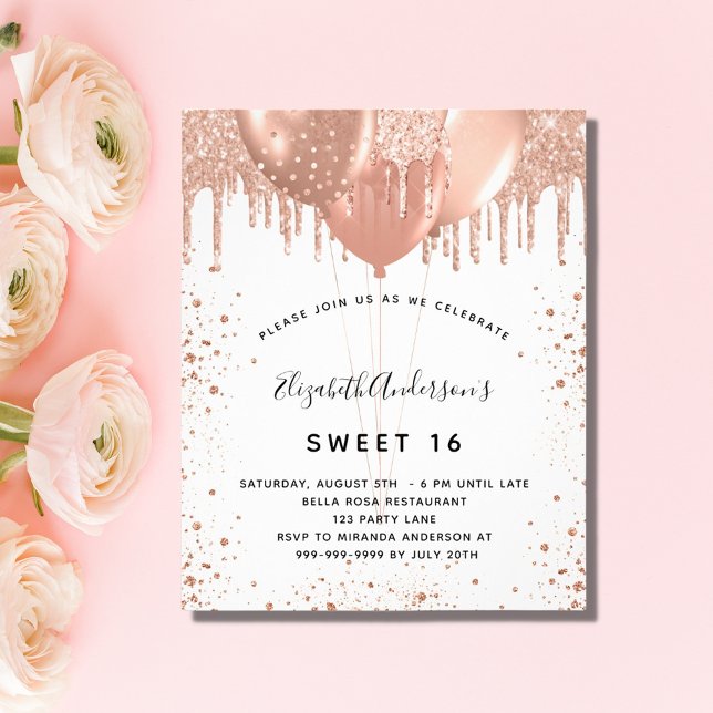 Sweet 16 rose gold blush glitter budget invitation flyer (Creator Uploaded)
