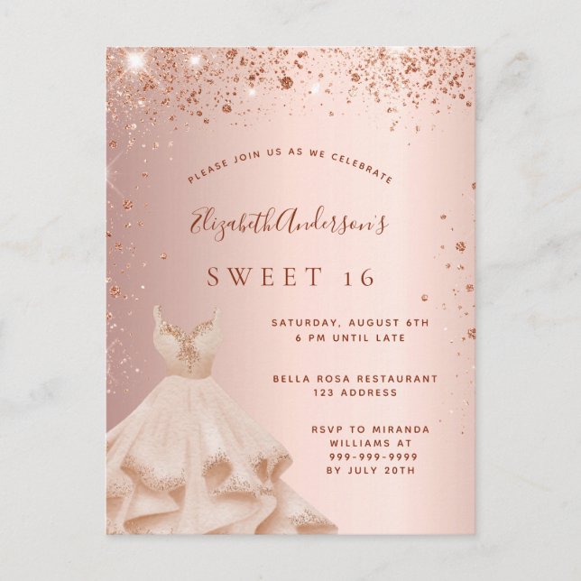 Sweet 16 rose gold blush glitter dress invitation (Front)