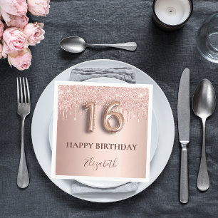 Sweet 16 rose gold blush glitter drips name napkin