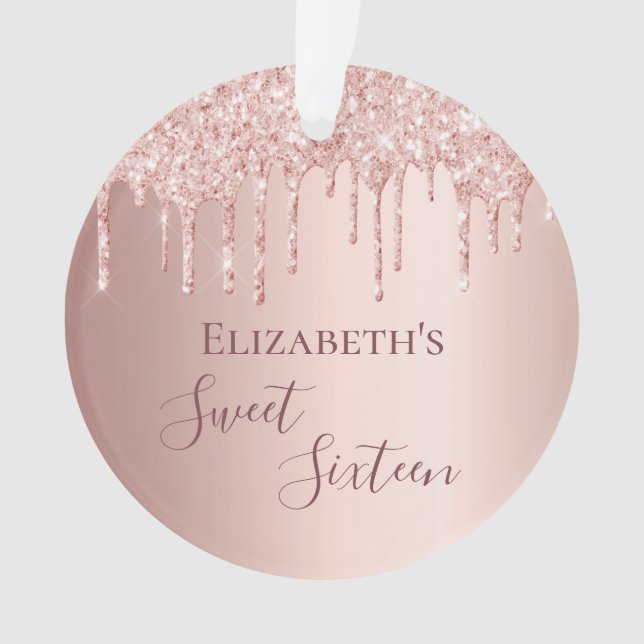 Sweet 16 rose gold blush glitter drips name ornament (Front)