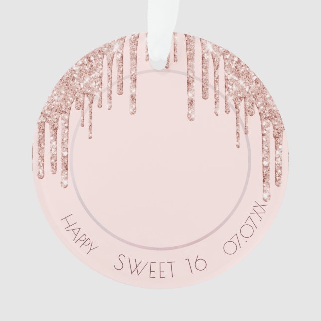 Sweet 16 rose gold blush glitter drips photo ornament (Front)
