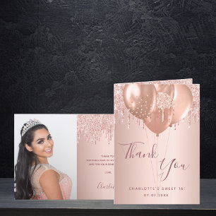 Sweet 16 rose gold blush glitter drips photo thank you card
