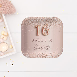 Sweet 16 rose gold blush glitter name elegant paper plate
