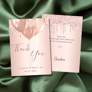 Sweet 16 rose gold blush glitter thank you card