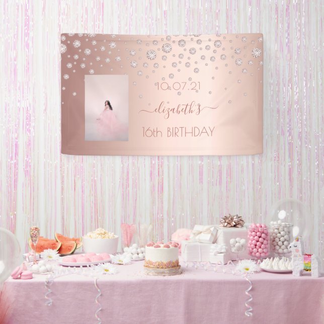 Sweet 16 rose gold blush photo diamonds banner (Party)