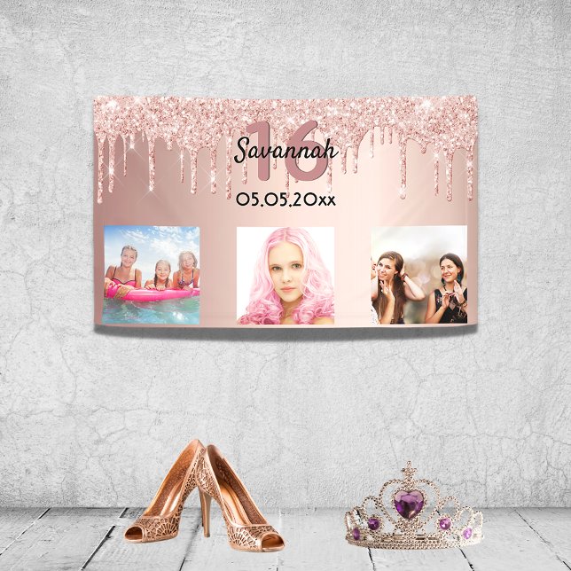 Sweet 16 rose gold blush photo party banner (Creator Uploaded)