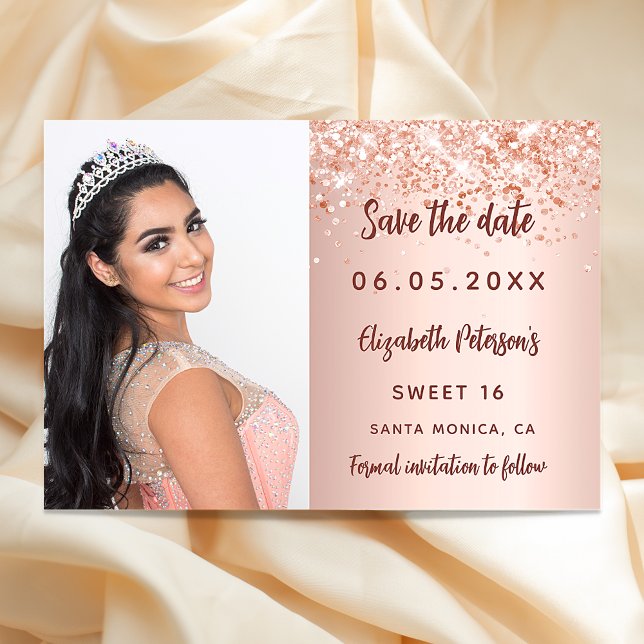 Sweet 16 rose gold blush photo save the date card (Creator Uploaded)