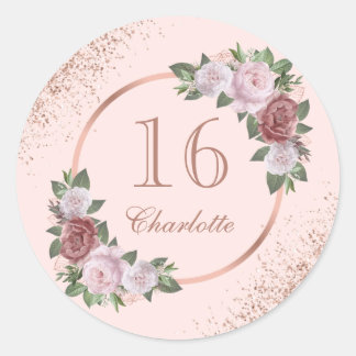 Sweet 16 Rose Gold Blush Pink Floral Birthday Classic Round Sticker
