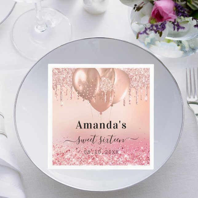 Sweet 16 rose gold blush pink glitter name napkin (Creator Uploaded)