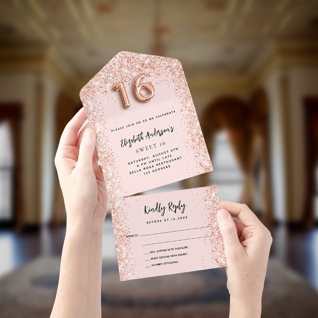 Sweet 16 rose gold blush sparkle party RSVP All In One Invitation (Creator Uploaded)