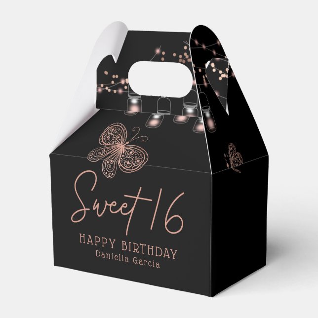 Sweet 16 Rose Gold Butterfly Chic Modern Birthday Favour Box (Front Side)