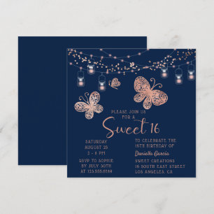 Sweet 16 Rose Gold Butterfly Chic Modern Birthday Invitation