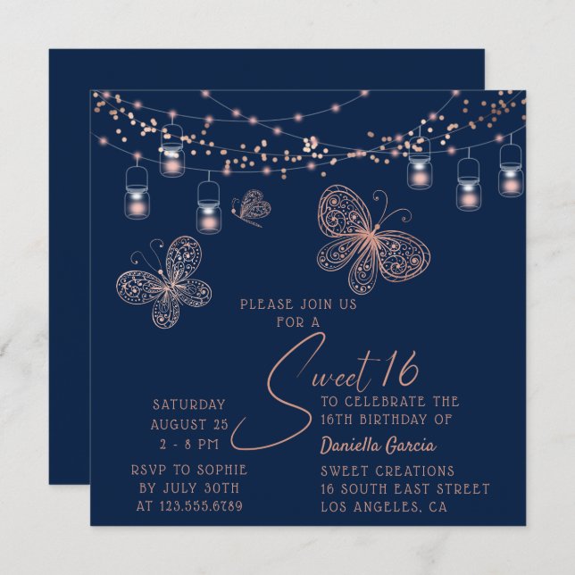 Sweet 16 Rose Gold Butterfly Chic Modern Birthday Invitation (Front/Back)