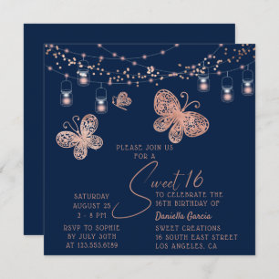 Sweet 16 Rose Gold Butterfly Chic Modern Birthday Invitation