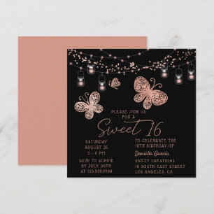 Sweet 16 Rose Gold Butterfly Chic Modern Birthday Invitation