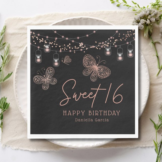 Sweet 16 Rose Gold Butterfly Chic Modern Birthday Napkin (Creator Uploaded)