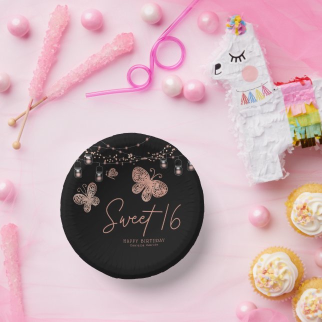 Sweet 16 Rose Gold Butterfly Chic Modern Birthday Paper Plate (Party)