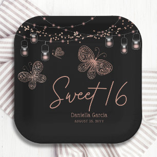 Sweet 16 Rose Gold Butterfly Chic Modern Birthday Paper Plate