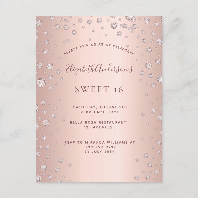 Sweet 16 rose gold diamonds glamourous invitation postcard (Front)