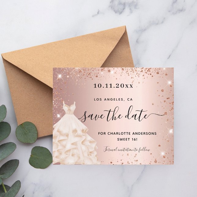 Sweet 16 rose gold dress budget save the date flyer (Creator Uploaded)